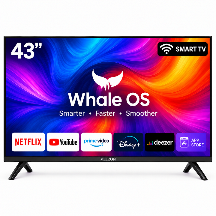 VITRON 43 INCH SMART TV 2K QUAD HD TV HTC43W BLUETOOTH CONNECTIVITY FRAMELESS & DIGITAL TV NETFLIX YOUTUBE TELEVISION BUILT-IN WIFI VITRON TV 1GB-RAM 8GB-ROM VITRON43 WHALE OS TV + 5 FREE ACCESSORIES