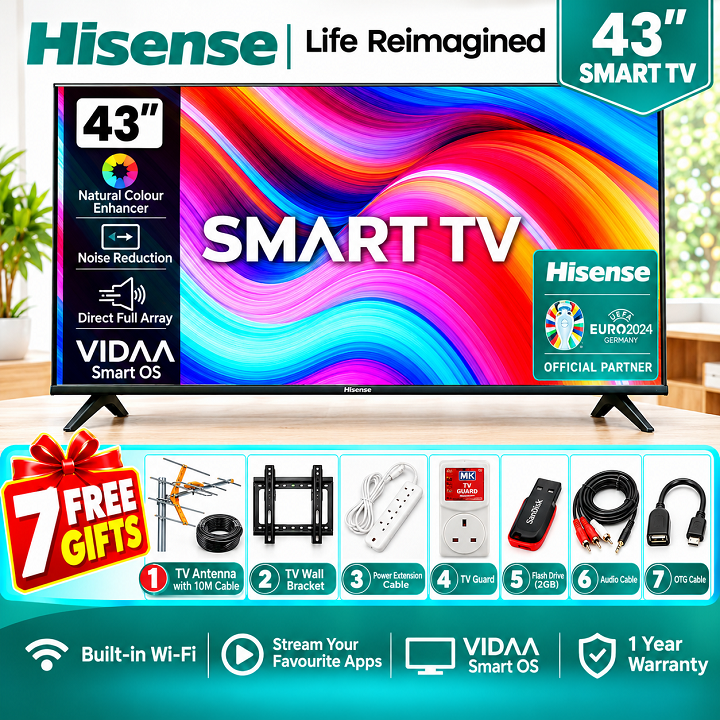 HISENSE 43" INCH SMART TV  SMART DIGITAL TELEVISION FULL HD RESOLUTION 43A4 SERIES NETFLIX YOUTUBE TV DTS INBUILT DECODER WIFI VIDAA OS NATURAL COLOR ENHANCER HISENSE43 TV Hisense TV+ 7 FREE GIFTS
