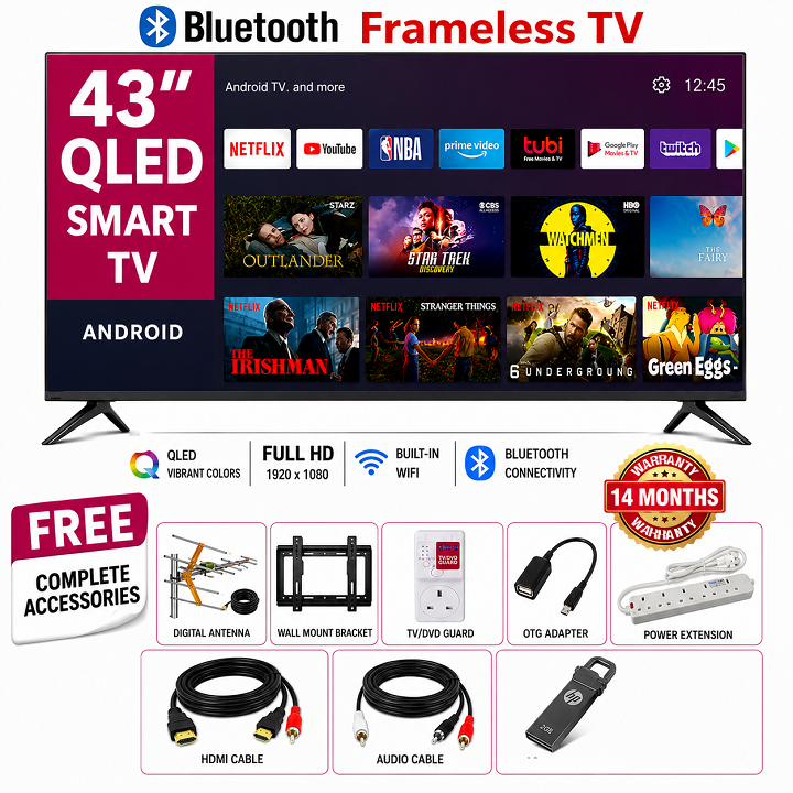 VITRON 43 INCH SMARTANDROID TV HTC4300QFS QLED TV FHD ICAST NETFLIX YOUTUBE TELEVISION INBUILT DECODER INBUILT WIFI APP STORE 1GB-RAM 8GB-ROM 2*USB PORTS 3*HDMI PORTS VITRON43 ICAST+ 8 FREE GIFTS