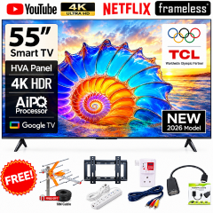 TCL 55" Inch SMART TV 4K ULTRA HD TV 55V6D Google AI TV Dolby Vision Atmos HDR Pro+ Game Accelerator Enhanced Gaming Voice Control NETFLIX YOUTUBE BLUETOOTH TV INBUILT DECODER + 6 EXTRA  ACCESSORIES