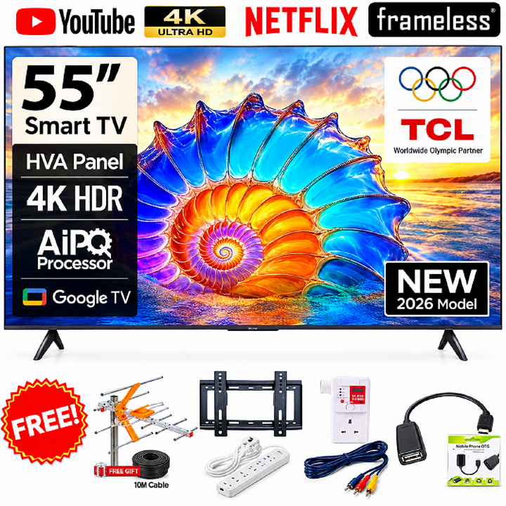 TCL 55" Inch SMART TV 4K ULTRA HD TV 55V6D Google AI TV Dolby Vision Atmos HDR Pro+ Game Accelerator Enhanced Gaming Voice Control NETFLIX YOUTUBE BLUETOOTH TV INBUILT DECODER + 6 EXTRA  ACCESSORIES