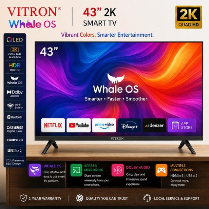 VITRON 43 INCH SMART TV 2K QUAD HD TV HTC43W BLUETOOTH CONNECTIVITY FRAMELESS & DIGITAL TV NETFLIX YOUTUBE TELEVISION BUILT-IN WIFI VITRON TV 1GB-RAM 8GB-ROM VITRON43 WHALE OS TV + 5 FREE ACCESSORIES