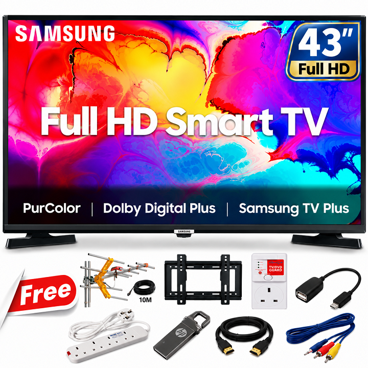 SAMSUNG 43" inch SMART TV Full HD Television Netflix YouTube Inbuilt Decoder for local channels Wide Color Enhancer WIFI HDR OTS Lite Knox Security One UI Tizen OS Samsung43 Samsung TV+ 8 FREE GIFTS