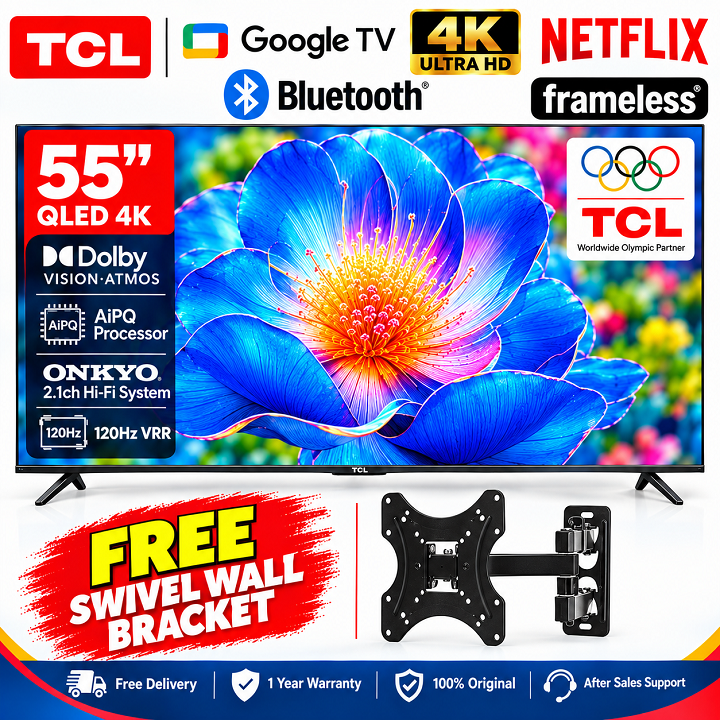 TCL 55 Inch Smart TV 4K ULTRA HD 55V6D 2026 Model Google Dolby Vision Atmos HDR Pro+Game Accelerator Enhanced Gaming Voice Control NETFLIX YOUTUBE BLUETOOTH TCL55 TCL TV TCLTV+FREE TILT WALLBRACKET