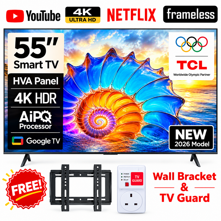 TCL 55" Inch Smart TV 4K ULTRA HDTV 55V6D 2026 Model Google Dolby Vision ATMOS HDR Pro+ Game Accelerator Enhanced Gaming Voice Control NETFLIX YOUTUBE BLUETOOTH TCLTV TCL TV TCL55+FREE TVGUARD+BRACKET