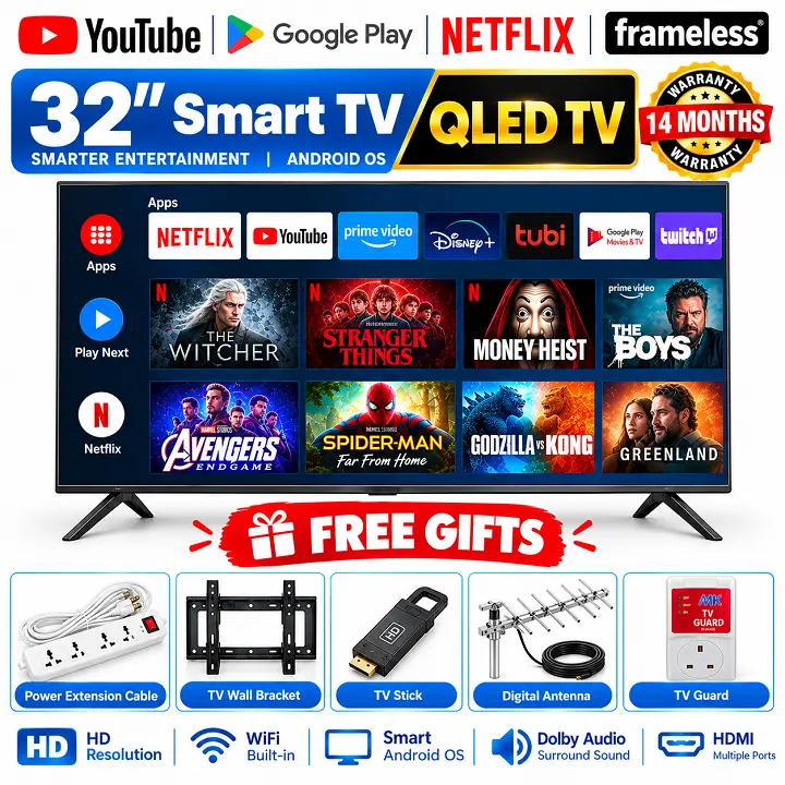 Vitron 32INCH Smart Android TV HTC3288QS VITRON32  QLED TV BLUETOOTH TELEVISION FRAMELESS Inbuilt Decoder  Inbuilt WIFI Enabled Netflix YouTube  App-store VitronTV VitronTV Vitron32TV + 5 FREE GIFTS