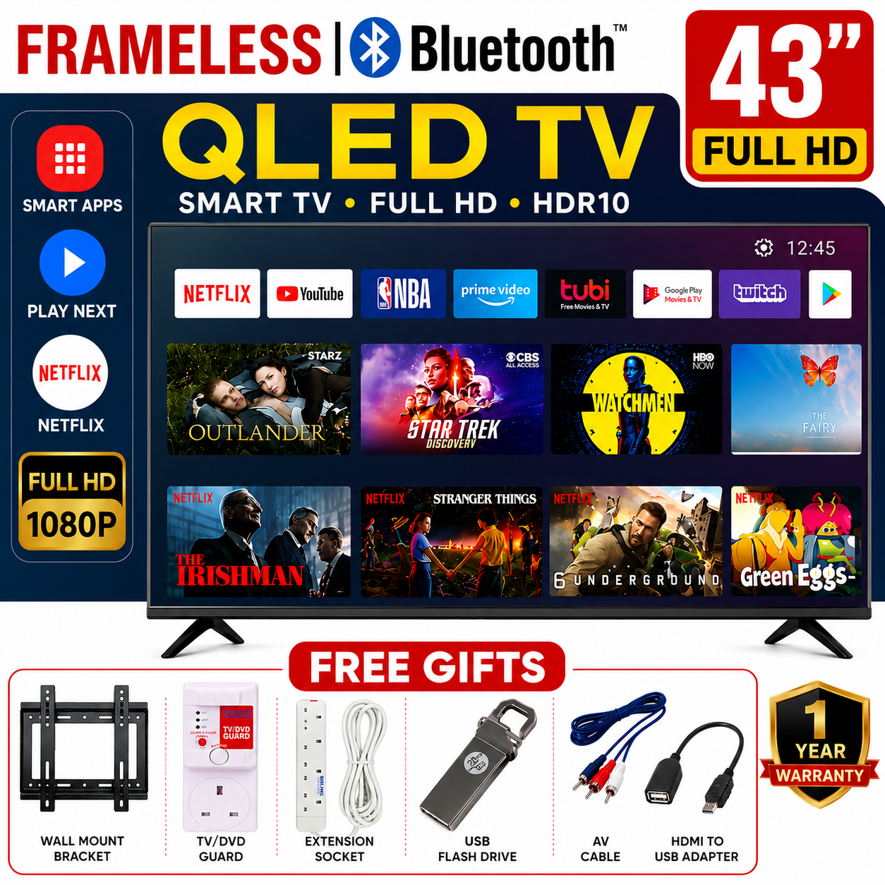 VITRON 43" INCH SMART ANDROID TV FHD HTC4300QFS QLED TV BLUETOOTH FRAMELESS FHD TELEVISION NETFLIX YOUTUBE BUILT-IN WIFI APP STORE 1GB-RAM 8GB-ROM 3*HDMI PORTS ICAST SCREEN VITRON43+6 FREE ACCESSORIES