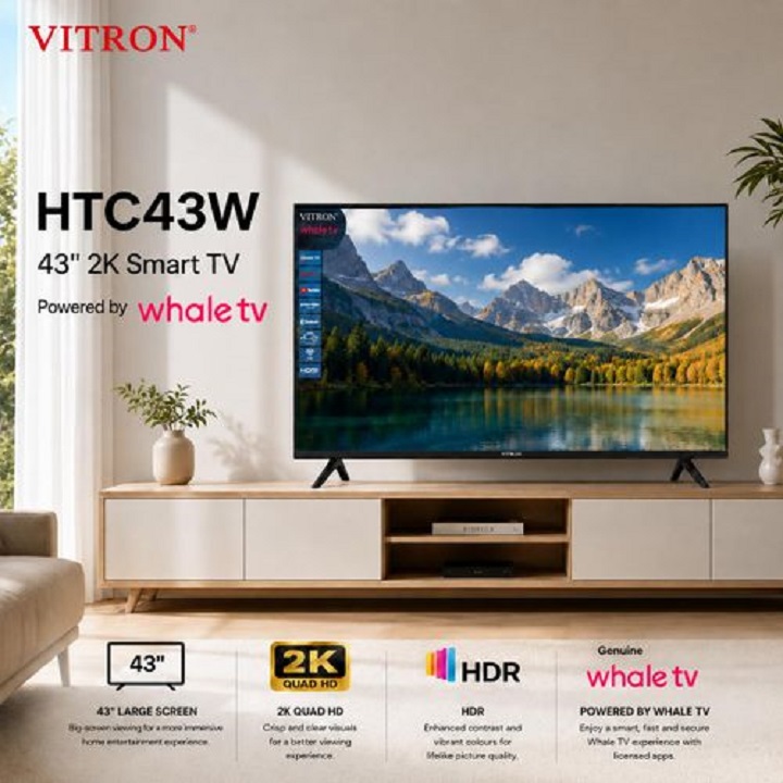 VITRON 43 INCH SMART TV 2K QUAD HD TV HTC43W BLUETOOTH CONNECTIVITY FRAMELESS & DIGITAL TV NETFLIX YOUTUBE TELEVISION BUILT-IN WIFI VITRON TV 1GB-RAM 8GB-ROM VITRON43 WHALE OS TV + 5 FREE ACCESSORIES