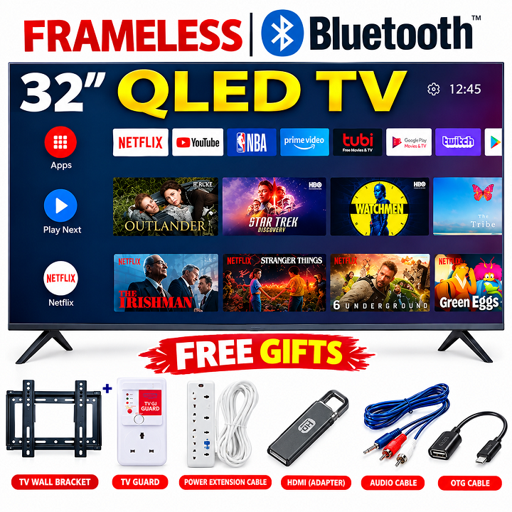 Vitron 32inch Smart Android TV QLED TV Bluetooth Enabled Netflix YouTube Television Wi-Fi Enabled Frameless TV with Icast Screen Inbuilt Decoder for channels Vitron32 Vitron TV + 6 FREE ACCESSORIES