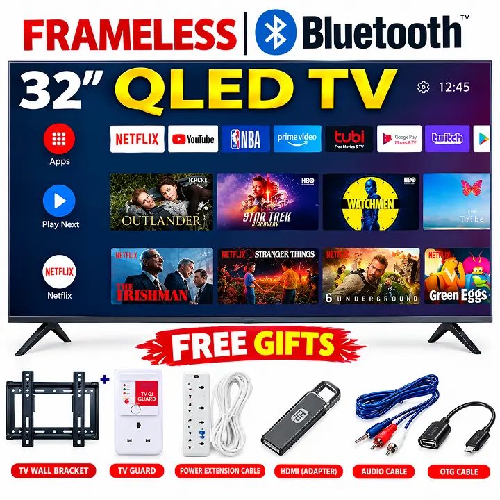 Vitron 32inch Smart Android TV QLED TV Bluetooth Enabled Netflix YouTube Television Wi-Fi Enabled Frameless TV with Icast Screen Inbuilt Decoder for channels Vitron32 Vitron TV + 6 FREE ACCESSORIES