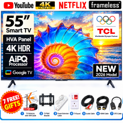 TCL 55 Inch SMART TV 4K ULTRA HD TV 55V6D Google AI TV Dolby Vision Atmos HDR Pro+ Game Accelerator Enhanced Gaming Voice Control NETFLIX YOUTUBE BLUETOOTH INBUILT DECODER + 7 FREE GIFTS