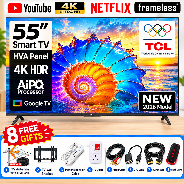 TCL 55 Inch SMART TV 4K ULTRA HD TV 55V6D Google AI TV Dolby Vision Atmos HDR Pro+ Game Accelerator Enhanced Gaming Voice Control NETFLIX YOUTUBE BLUETOOTH INBUILT DECODER + 8 FREE GIFTS