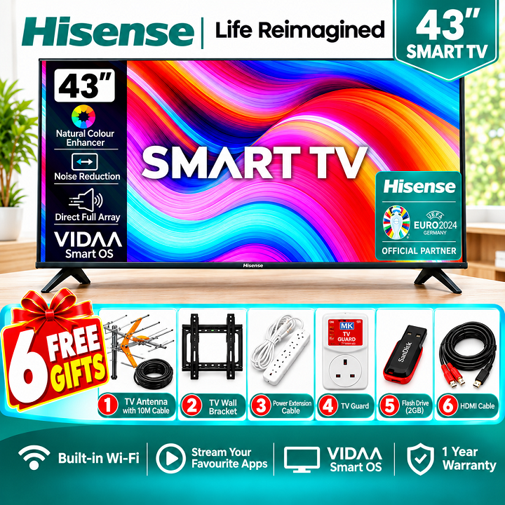 HISENSE 43 INCH SMART TV NETFLIX YOUTUBE TV FRAMELESS SMART DIGITAL TELEVISION FULL HD RESOLUTION 43A4 DTS Audio INBUILT DECODER BUILT-IN WIFI VIDAA OS HISENSE TV HISENSE43 TV plus 6 EXTRA GIFTS