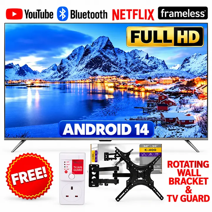 VITRON 50" INCH SMART ANDROID TV HTC5008FS 2K FULL HD TV TELEVISION, BLUETOOTH ENABLED WIFI ENABLED INBUILT DECODER NETFLIX YOUTUBE APPSTORE VITRONTV VITRON TV VITRON50 +FREE TV GUARD+ TILT BRACKET