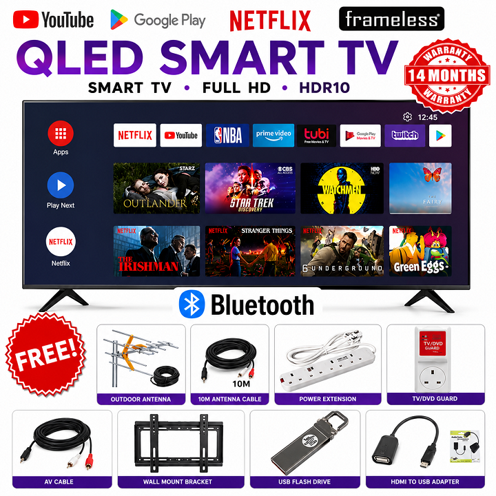 VITRON 32" Inch Smart Android TV QLED TV HTC3288QS BLUETOOTH ENABLED TV FRAMELESS TELEVISION Inbuilt Decoder Inbuilt WIFI CONNECTIVITY Netflix YouTube App store ICAST VITRON TV  Vitron32+ 7 FREE GIFTS