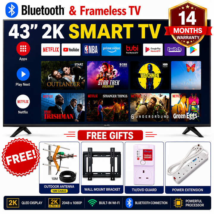 VITRON 43"INCH SMART ANDROID TV FHD QLED TV  ICAST NETFLIX YOUTUBE TELEVISION INBUILT DECODER WIFI ENABLED APP STORE 1GB-RAM 8GB-ROM 2*USB PORTS 3*HDMI PORTS VITRON43 HTC4300QFS + 4 EXTRA GIFTS