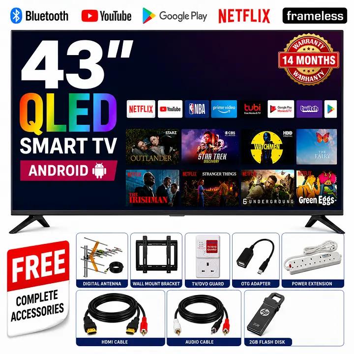 VITRON 43 INCH SMARTANDROID TV HTC4300QFS QLED TV FHD ICAST NETFLIX YOUTUBE TELEVISION INBUILT DECODER INBUILT WIFI APP STORE 1GB-RAM 8GB-ROM 2*USB PORTS 3*HDMI PORTS VITRON43 ICAST+ 8 FREE GIFTS