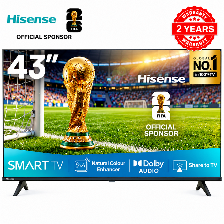 HISENSE 43 INCH SMART TV FULL HD TV RESOLUTION NETFLIX YOUTUBE TV 43A4 SERIES FRAMELESS TELEVISION TV DTS Audio INBUILT DECODER BUILT-IN WIFI ENABLED VIDAA OS HISENSE43 HISENSE TV plus 8 FREE GIFTS