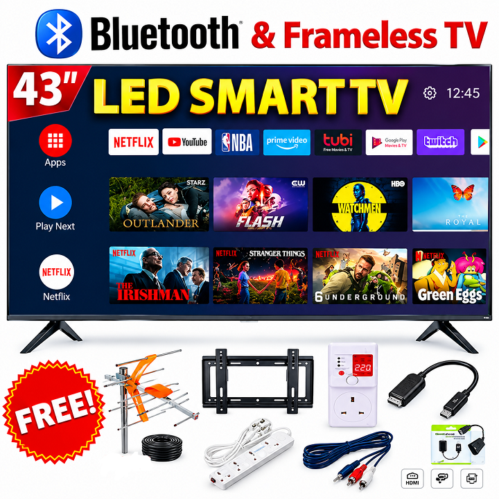 AMTEC 43" inch Smart Android TV Bluetooth Enabled, Frameless Television, Full HD , Built-in WIFI, Inbuilt Decoder 2*HDMI 2*USB Ports Wide Color ENHANCER, NETFLIX ,YOUTUBE TV+ 6 EXTRA FREE ACCESSORIES