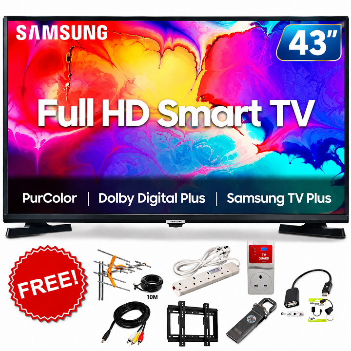 SAMSUNG 43" inch SMART TV Full HD Television Netflix YouTube TV Inbuilt Decoder Wide Color Enhancer built-in WIFI HDR OTS Lite Knox Security One UI Tizen OS Samsung TV Samsung43 TV + 7 FREE GIFTS