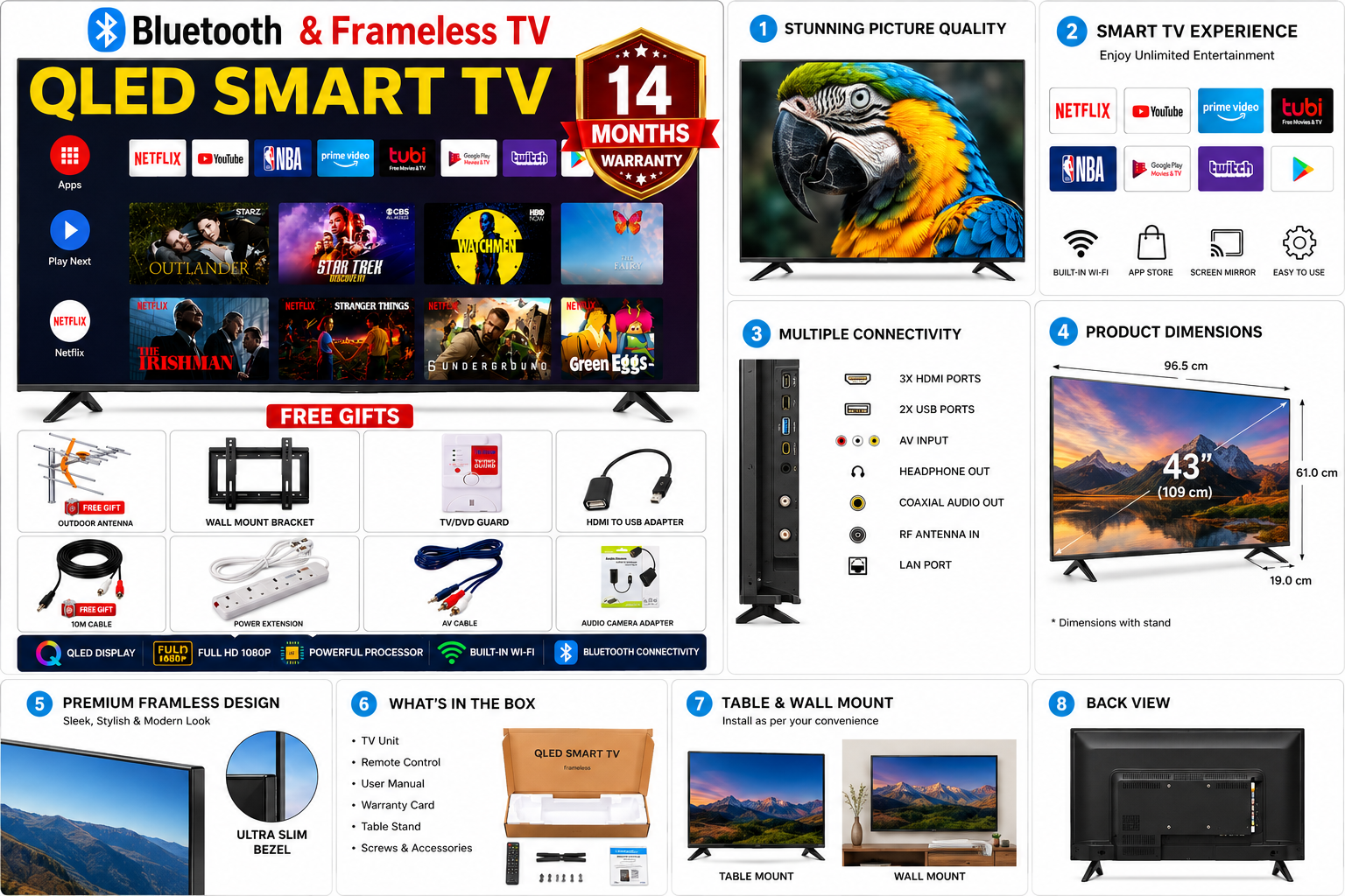 VITRON 32 Inch QLED TV Frameless Smart TV HD Netflix Bluetooth TV HTC3288QS YouTube Television DVB-T2 Android 16 AC Energy Saving Television 1G+8G VITRON TV INBUILT DECODER + 6 EXTRA FREE ACCESSORIES
