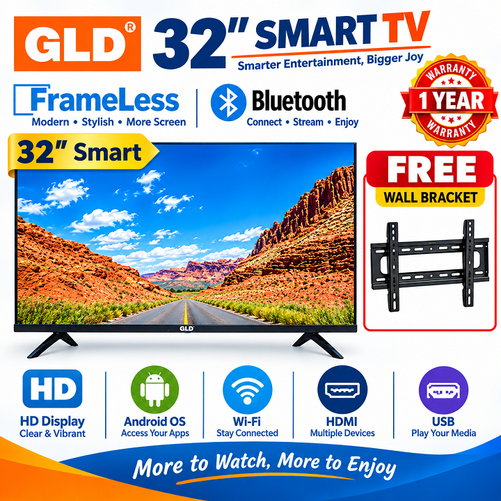 GLD 32" Inch Smart Android TV  Digital TV App-store Bluetooth TV Inbuilt Decoder Netflix YouTube TV Built-in WIFI ACCESS Wide Color Enhancer Frameless TV icast GLD32inch TV GLD TV+FREE WALL BRACKET