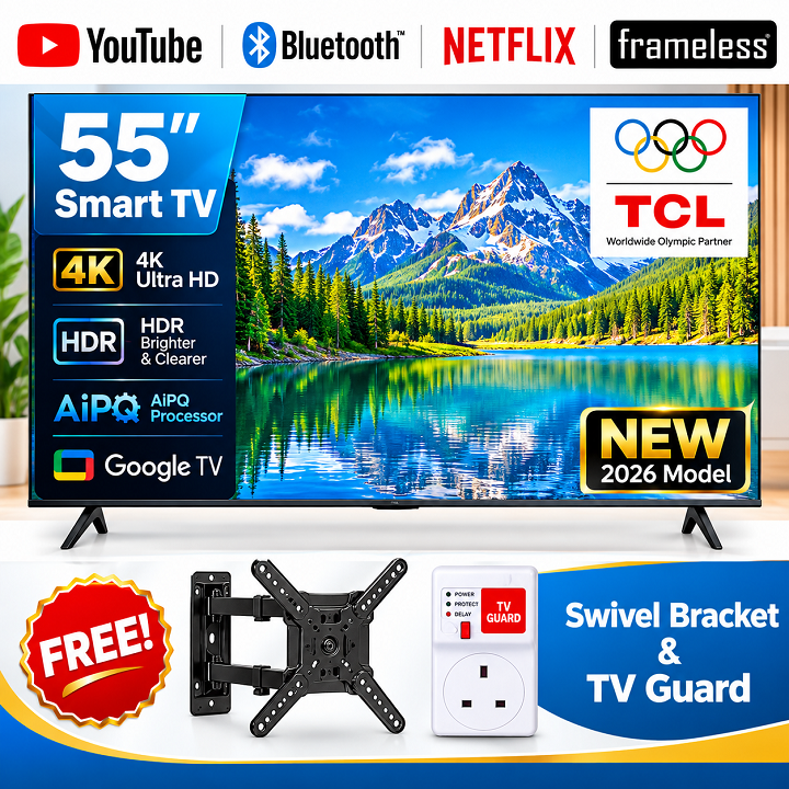 TCL 55 Inch SMART TV 4K ULTRA HD TV 55V6D with Google Dolby Vision ATMOS HDR Pro+ Game Accelerator Enhanced Gaming Voice Control NETFLIX YOUTUBE BLUETOOTH TCL TV TCL55 TV+ FREE TV GUARD + TILT BRACKET