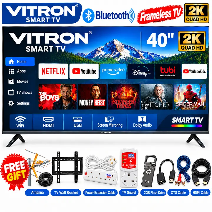 Vitron 40" Inch Smart TV 2K QUAD HD TV HTC40W Bluetooth Enabled Frameless WIFI ENABLED Netflix, YouTube TV Inbuilt Decoder PRIMEVIDEO 2*USB 3*HDMI PORTS ICAST SCREEN WHALE OS VITRON TV  + 8 FREE GIFTS