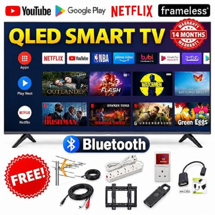VITRON 43" INCH SMART ANDROID TV QLED TV BLUETOOTH ENABLED HTC4300QFS, FRAMELESS FHD  NETFLIX ,YOUTUBE TELEVISION ICAST BUILT-IN WIFI, APP STORE 1GB-RAM 8GB-ROM ICAST SCREEN  VITRON TV + 7 FREE GIFTS