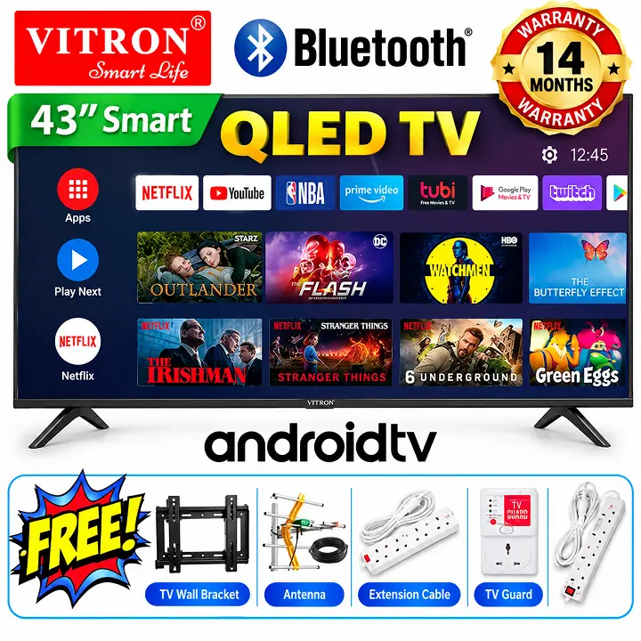 VITRON 43" INCH SMART ANDROID TV FHD QLED TV  ICAST,NETFLIX ,YOUTUBE TELEVISION INBUILT DECODER,WIFI ENABLED APP STORE 1GB-RAM 8GB-ROM 2*USB PORTS 3*HDMI PORTS VITRON43 TV HTC4300QFS + 4 EXTRA GIFTS