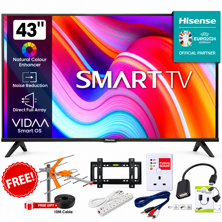 HISENSE 43" INCH SMART TV FULL HD TV NETFLIX YOUTUBE 43A4 SERIES TELEVISION TV DTS Audio INBUILT DECODER BUILT-IN WIFI VIDAA OS HISENSE43 HISENSETV HISENSE TV 2YRS WARRANTY+ 6 EXTRA FREE ACCESSORIES