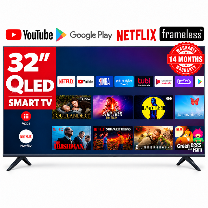 VITRON 32 INCH Smart Android TV QLED HD TV HTC3288QS FRAMELESS TV Vitron32 Digital TV Inbuilt Decoder 3HDMI& 2USB Ports Netflix YouTube APPSTORE ICAST VITRON TV 14 MONTHS WARRANTY + 4 EXTRA FREE GIFTS
