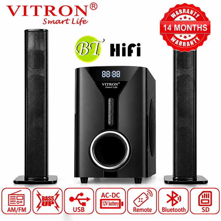 【BIG OFFER】Vitron 2.1CH Multimedia Bluetooth Woofer Speaker System Subwoofer Soundbar BT/USB/SD/FM Subwoofer Home Audilo System Sound bar with Remote Control 9000W V527 Black 9000W  V527 Deep Bass