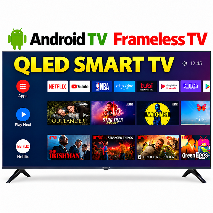 VITRON 32" inch Smart Android TV QLED TV HTC3288QS FRAMELESS VITRON32" Inch Television Inbuilt Decoder 3HDMI 2USB Ports 1GB RAM 8GB ROM Netflix YouTube App store ICAST VITRON TV + 4 FREE GIFTS