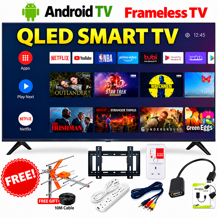 VITRON 32 Inch QLED TV Frameless Smart TV HD Netflix TV HTC3288QS YouTube Television DVB-T2 Android 14 AC Energy Saving Television 1G+8G VITRON TV INBUILT DECODER  Vitron32 + 6 EXTRA FREE ACCESSORIES