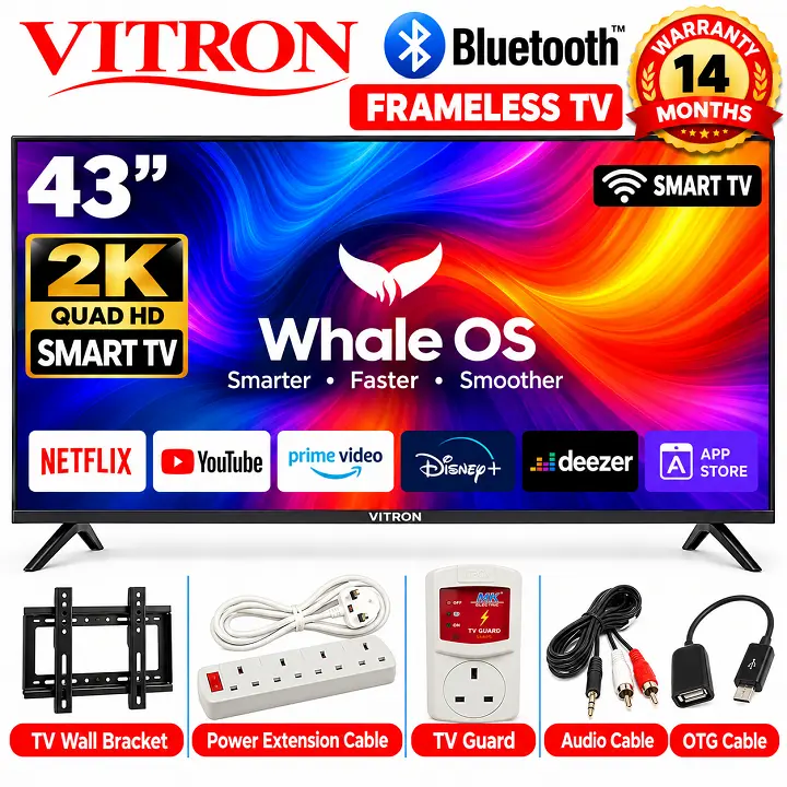 VITRON 43 INCH SMART TV 2K QUAD HD TV HTC43W BLUETOOTH CONNECTIVITY FRAMELESS & DIGITAL TV NETFLIX YOUTUBE TELEVISION BUILT-IN WIFI VITRON TV 1GB-RAM 8GB-ROM VITRON43 WHALE OS TV + 5 FREE ACCESSORIES