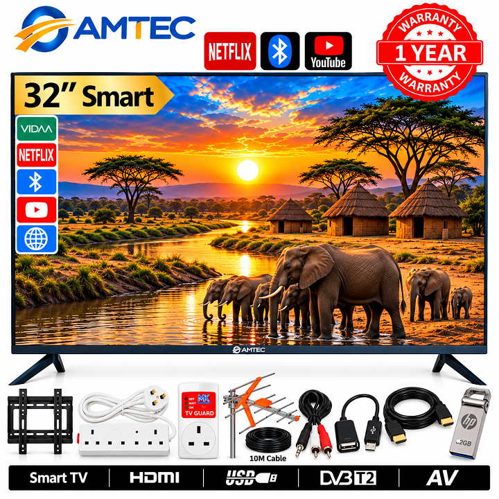 Amtec 32" inch Smart Android TV Frameless HD LED Bluetooth TV Wi-Fi Enabled Mirror Cast Inbuilt Decoder 3HDMI 2USB Port Quad Core 1GB+8GB Netflix YouTube Energy Saving Television Amtec32 +8 FREE GIFTS
