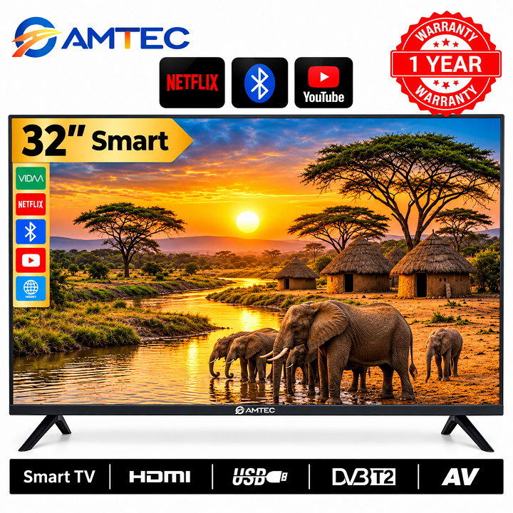 Amtec 32" inch Smart Android TV Frameless HD LED Bluetooth TV Wi-Fi Enabled Mirror Cast Inbuilt Decoder 3HDMI 2USB Port Quad Core 1GB+8GB Netflix YouTube Energy Saving Television Amtec32 +8 FREE GIFTS