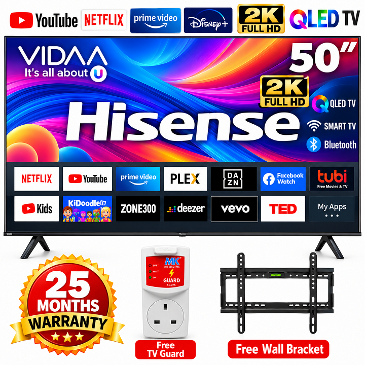 HISENSE 50 INCH SMART TV QLED TV 50Q5SKEN HISENSE50" Inch TELEVISIONVIDAA OS DOBLY AUDIO Bluetooth WIFI ENABLED 2K FULL HD TV NETFLIX YOUTUBE TV PRIME VIDEO HISENSE TV + FREE TV GUARD + WALL BRACKET