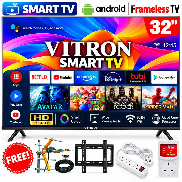 VITRON 32 INCH Smart Android TV QLED HD TV HTC3288QS FRAMELESS TV Vitron32 Digital TV Inbuilt Decoder 3HDMI& 2USB Ports Netflix YouTube APPSTORE ICAST VITRON TV 14 MONTHS WARRANTY + 4 EXTRA FREE GIFTS