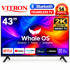 VITRON 43 INCH SMART TV 2K QUAD HD TV HTC43W BLUETOOTH CONNECTIVITY FRAMELESS & DIGITAL TV NETFLIX YOUTUBE TELEVISION BUILT-IN WIFI VITRON TV 1GB-RAM 8GB-ROM VITRON43 WHALE OS TV + 5 FREE ACCESSORIES
