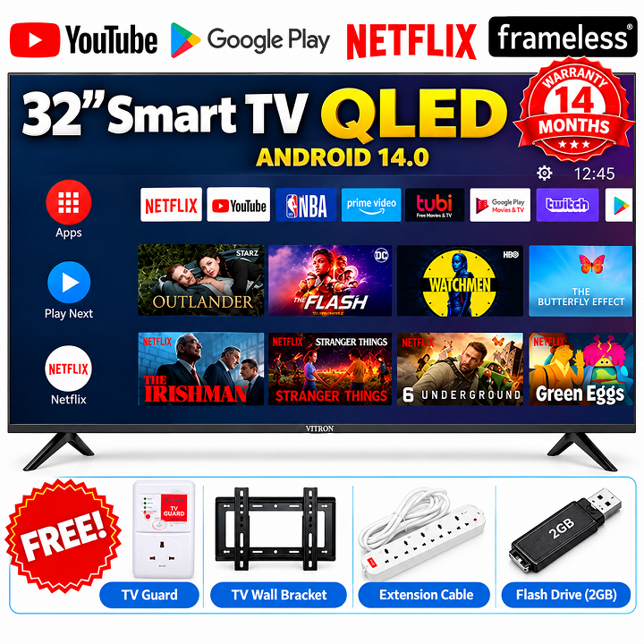 VITRON 32" inch Smart Android TV QLED TV HTC3288QS FRAMELESS VITRON32" Inch Television Inbuilt Decoder 3HDMI 2USB Ports 1GB RAM 8GB ROM Netflix YouTube App store ICAST VITRON TV + 4 FREE GIFTS