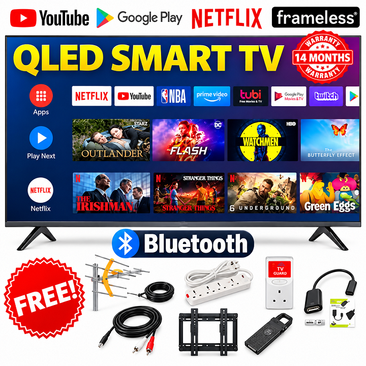 VITRON 32" Inch Smart Android TV QLED TV HTC3288QS BLUETOOTH ENABLED TV FRAMELESS TELEVISION Inbuilt Decoder Inbuilt WIFI CONNECTIVITY Netflix YouTube App store ICAST VITRON TV  Vitron32+ 7 FREE GIFTS