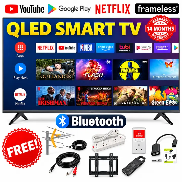 VITRON 32" Inch Smart Android TV QLED TV HTC3288QS BLUETOOTH ENABLED TV FRAMELESS TELEVISION Inbuilt Decoder Inbuilt WIFI CONNECTIVITY Netflix YouTube App store ICAST VITRON TV  Vitron32+ 7 FREE GIFTS