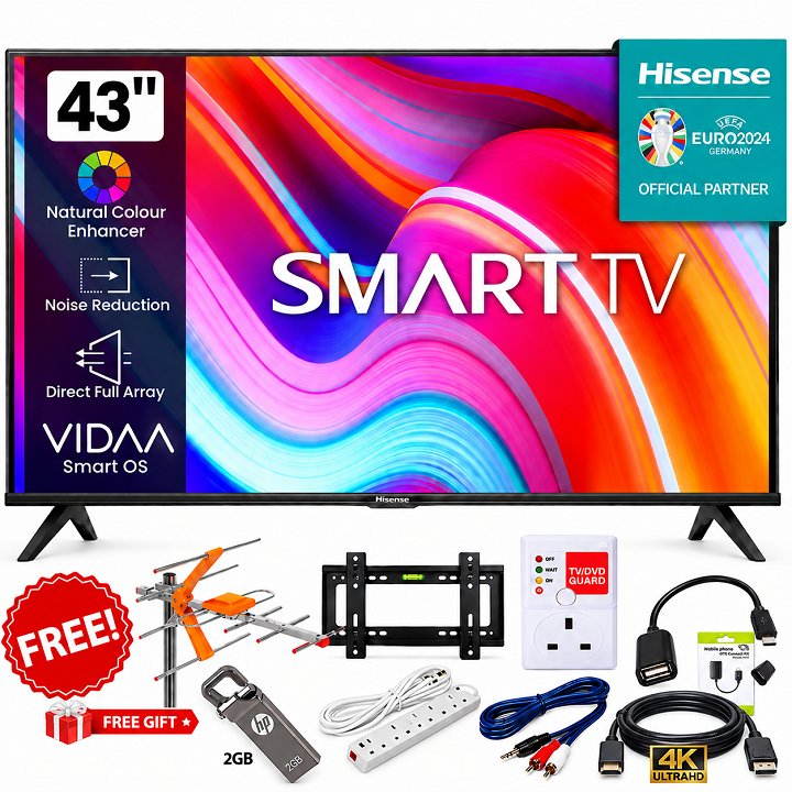 HISENSE 43 INCH SMART TV FULL HD TV RESOLUTION NETFLIX YOUTUBE TV 43A4 SERIES FRAMELESS TELEVISION TV DTS Audio INBUILT DECODER BUILT-IN WIFI ENABLED VIDAA OS HISENSE43 HISENSE TV plus 8 FREE GIFTS