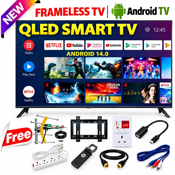 VITRON 32 INCH Smart Android TV Digital QLED TV HTC3288QS FRAMELESS Inbuilt Decoder for local channels Inbuilt WIFI Netflix YouTube App store 2*USB 3*HDMI Ports ICAST VITRON TV Vitron32 + 8 FREE GIFTS