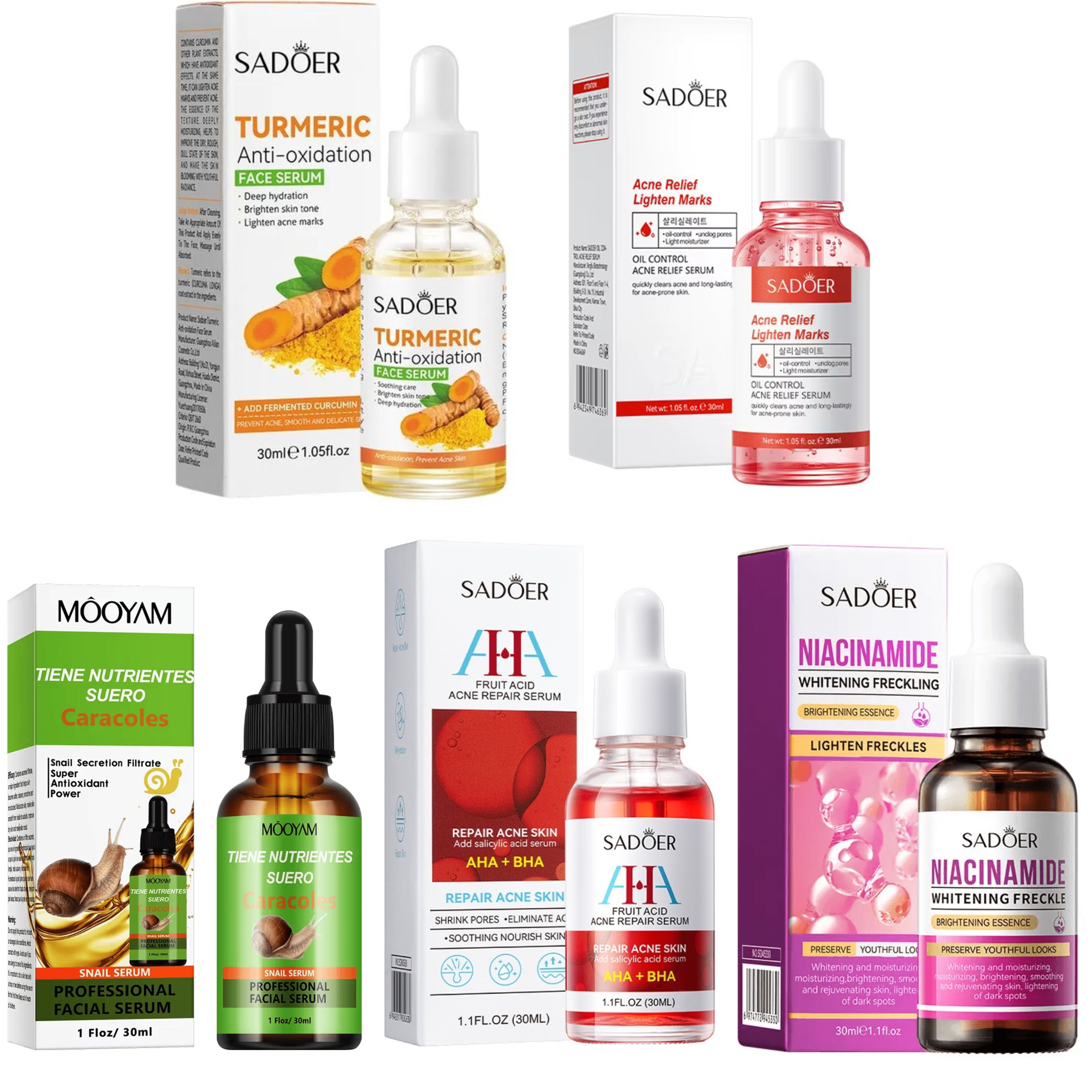 5 in 1 Face Serums Combo, Acne Relief Serum + Turmeric Anti  Acne Serum Like Vitamin C + AHA BHA  Fruit Acid Essence + Snail Serum + Niacinamide Face Serum Fade Dark Spots, Anti Acne, Moisturize