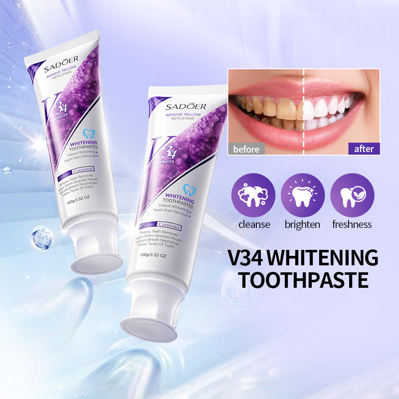 SADOER V34 Purple Teeth Whitening Toothpaste 100g - Colour Corrector Instant Whitener for Yellow Teeth Stains Removal, Fresh Breath Oral Care Gel for Coffee & Smoke Stains Neutralizer & Brightening