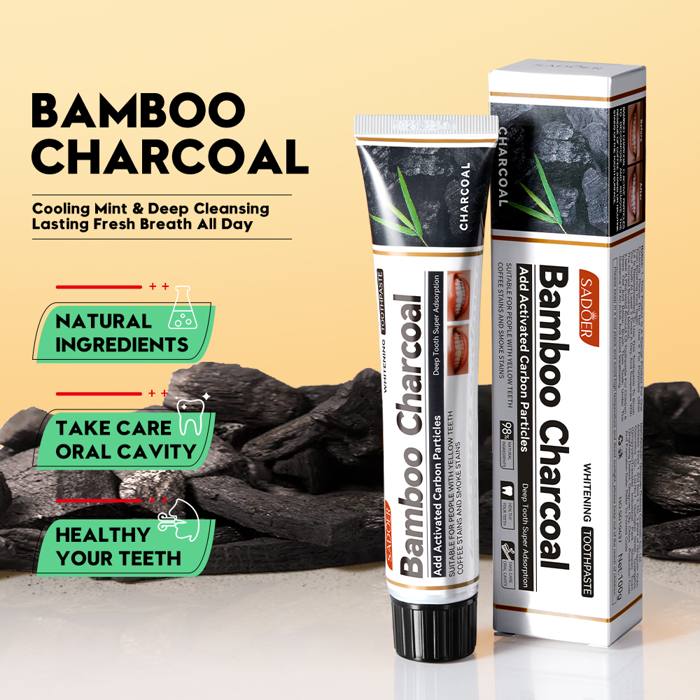 SADOER Bamboo Charcoal Whitening Toothpaste 100g - Activated Carbon Teeth Whitener for Coffee & Smoke Stains Removal, Deep Tooth Cleaning, Fresh Breath Oral Care Gel for Yellow Teeth & Plaque Removal