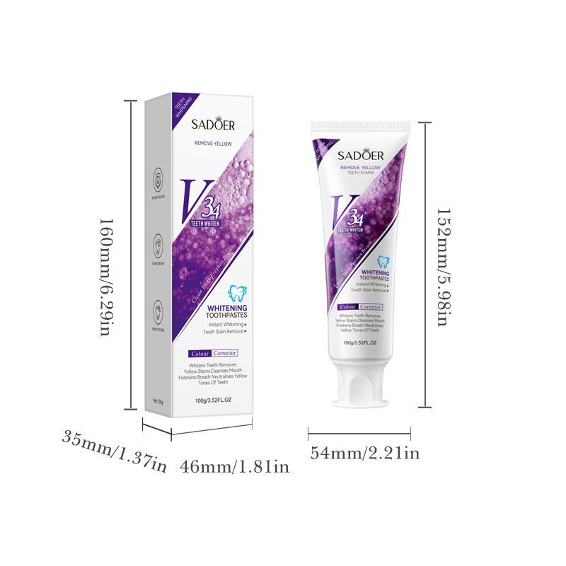 SADOER V34 Purple Teeth Whitening Toothpaste 100g - Colour Corrector Instant Whitener for Yellow Teeth Stains Removal, Fresh Breath Oral Care Gel for Coffee & Smoke Stains Neutralizer & Brightening